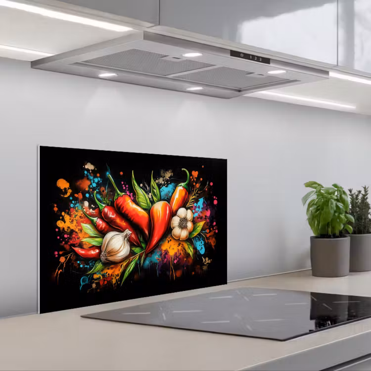 Spatscherm keuken - Groente - Peper - Knoflook - Graffiti - Verf - Kleurrijk — 5