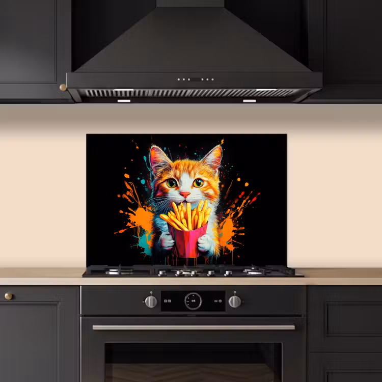 Spatscherm keuken - Kat - Eten - Patat - Graffiti - Abstract — 2