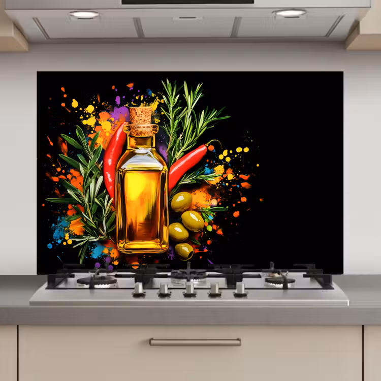 Spatscherm keuken - Olijfolie - Graffiti - Peper - Olijven - Modern — 1