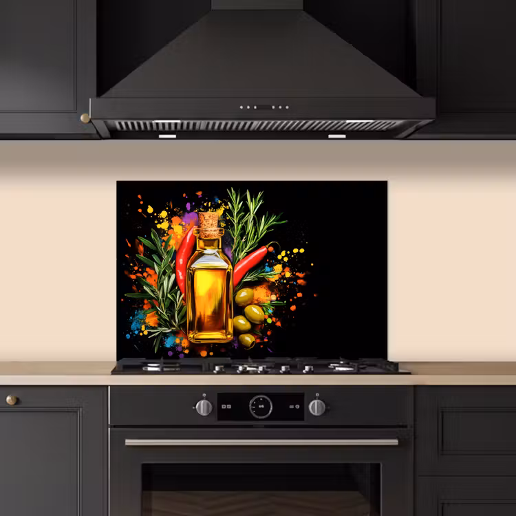 Spatscherm keuken - Olijfolie - Graffiti - Peper - Olijven - Modern — 2