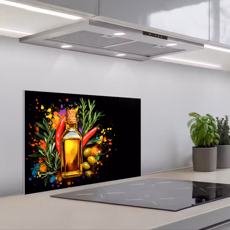 Spatscherm keuken - Olijfolie - Graffiti - Peper - Olijven - Modern — 5