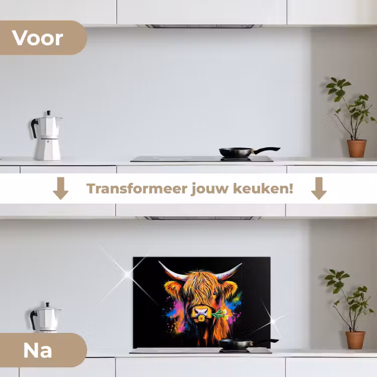 Spatscherm keuken - Schotse Hooglander - Graffiti - Kleurrijk - Bloem - Dieren — 3