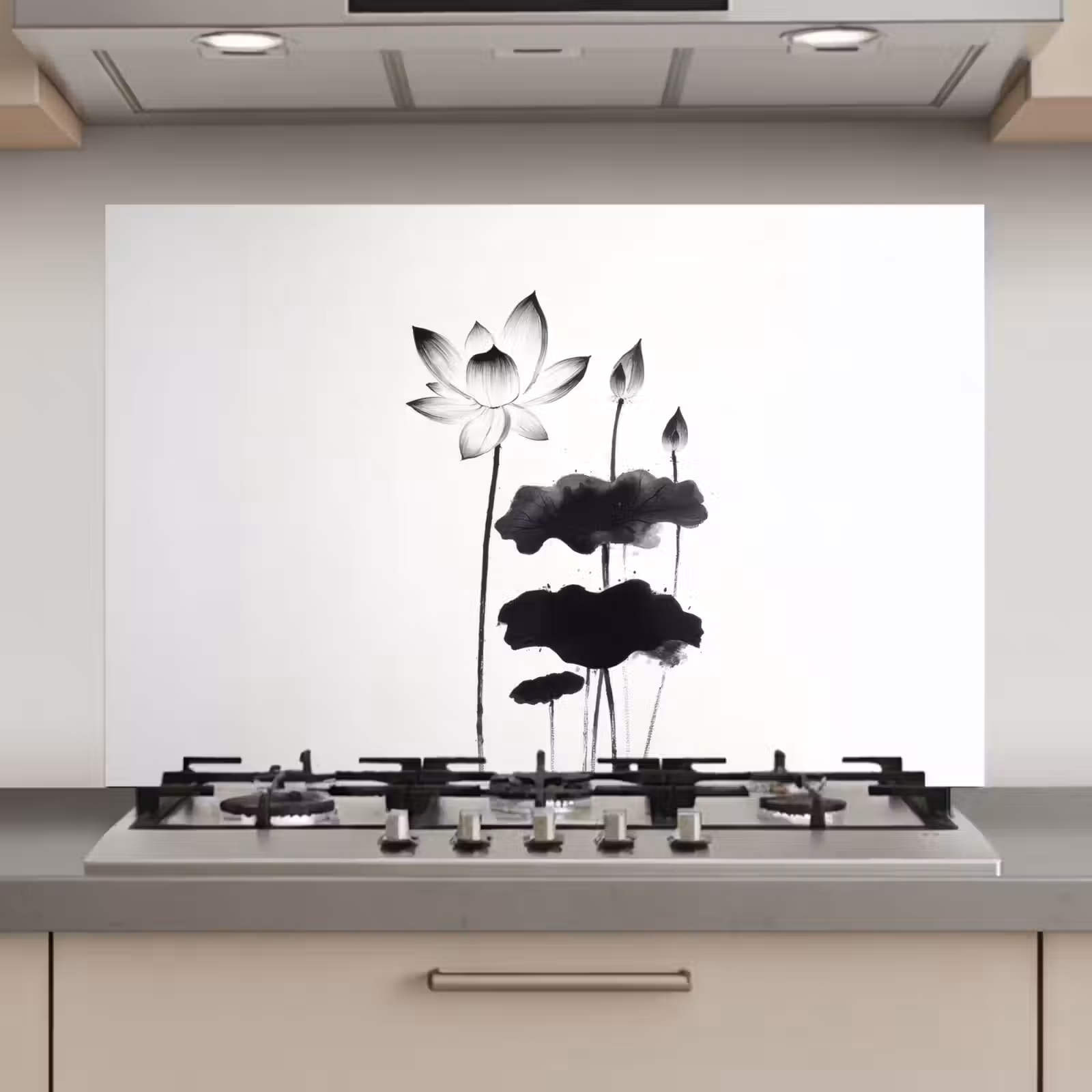 Spatscherm keuken - Bladeren - Zwart - Lotusbloem - Minimalitisch — 1