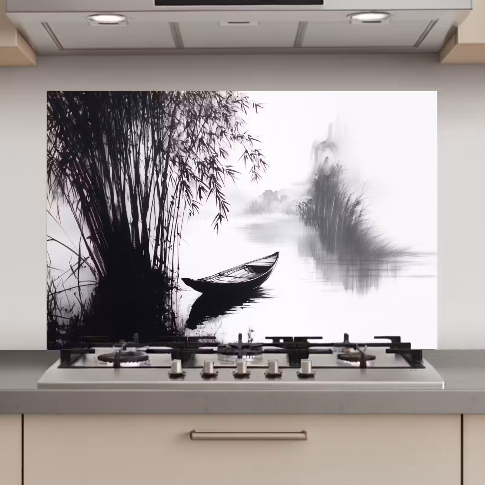 Spatscherm keuken - Boot - Rivier - Bamboe - Wit — 1