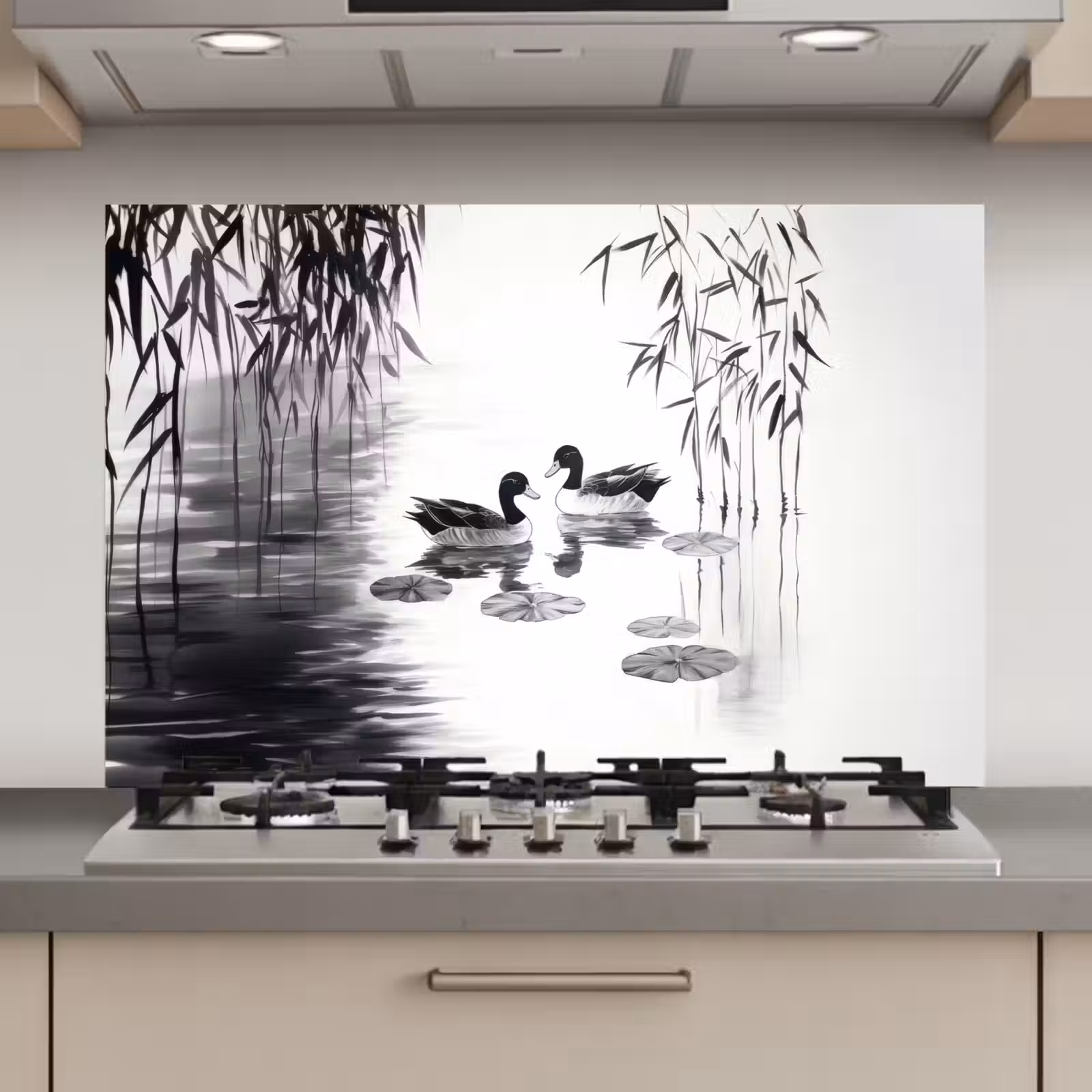 Spatscherm keuken - Eenden - Waterlelies - Riet - Zwart — 1