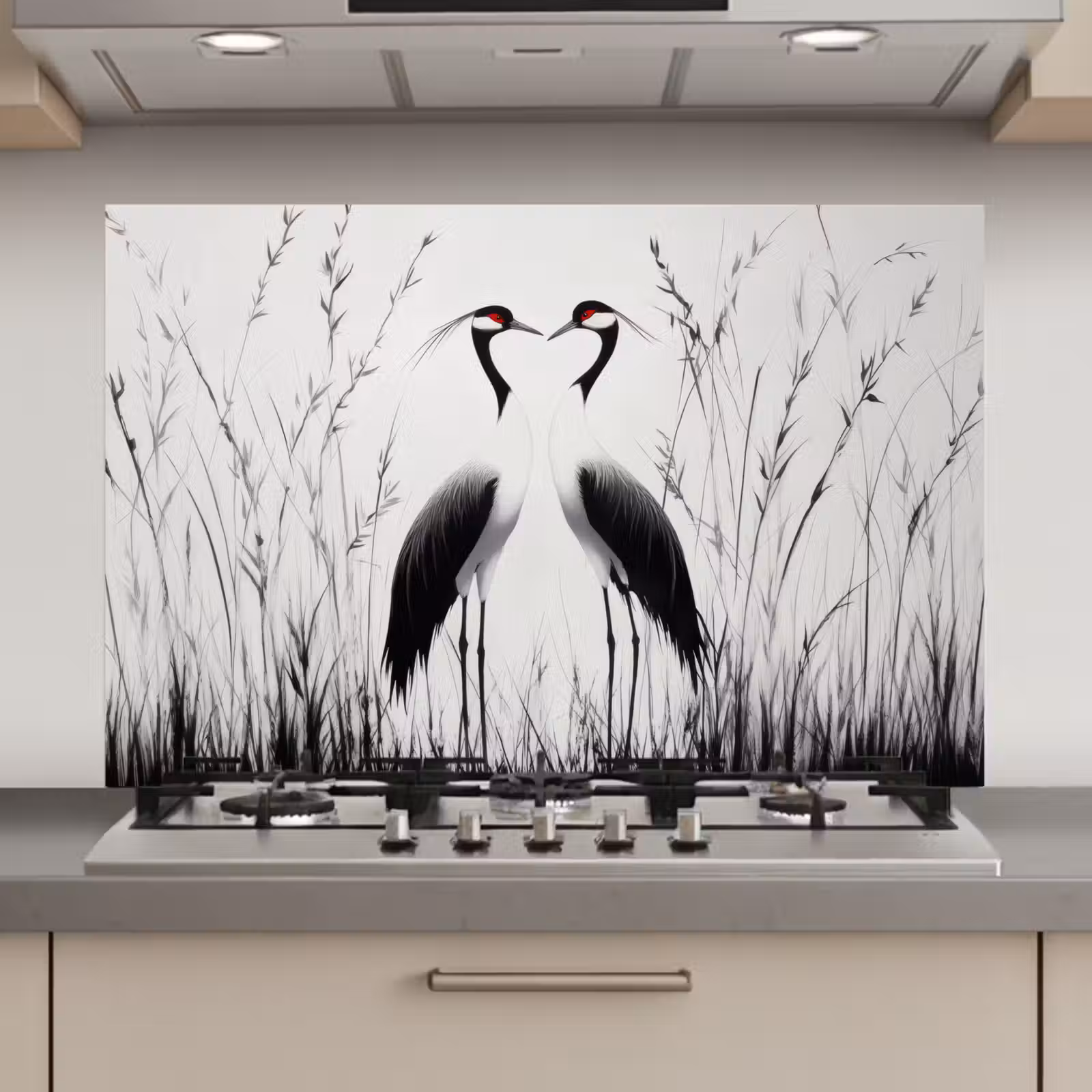 Spatscherm keuken - Kraanvogels - Gras - Hartvorm - Zwart — 1