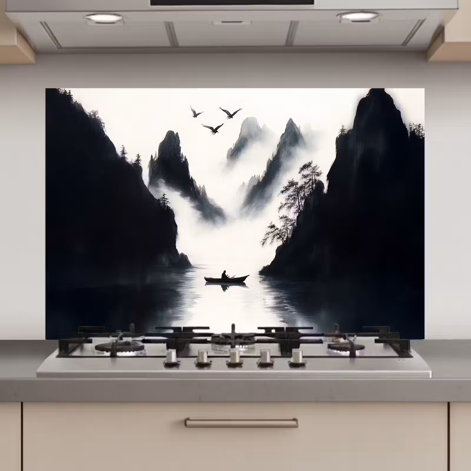 Spatscherm keuken - Roeiboot - Mistig - Bergen - Vogels — 1