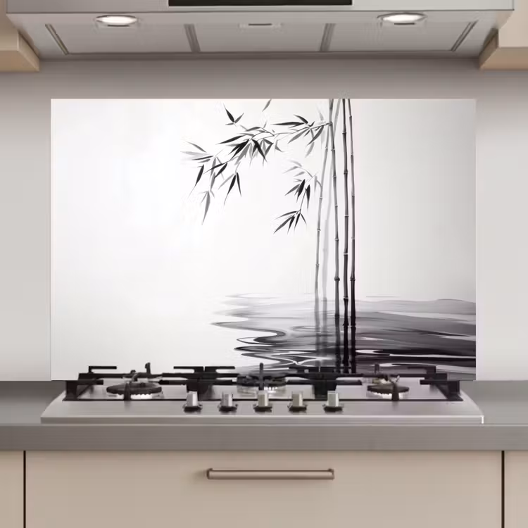 Spatscherm keuken - Bamboestammen - Water - Minimalistisch - Wit — 1