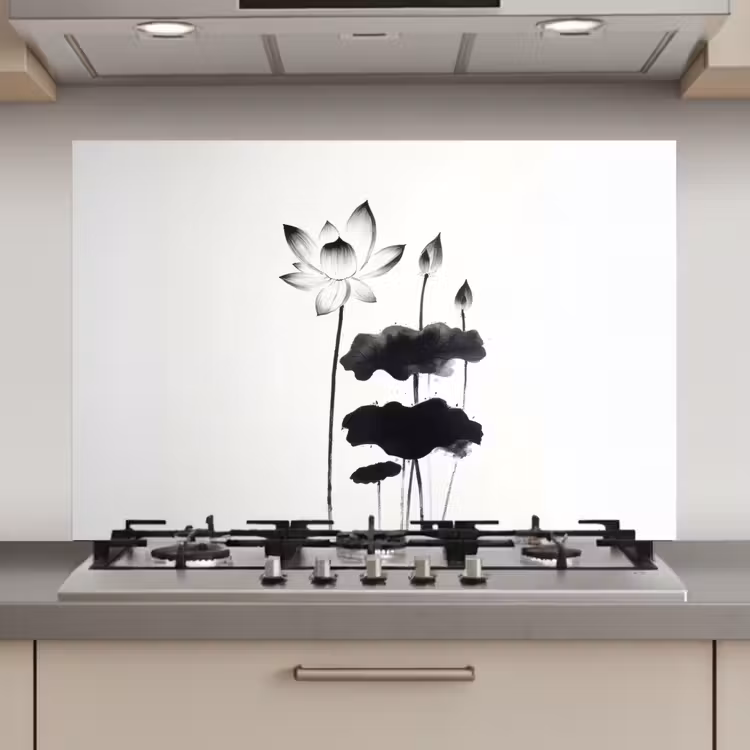 Spatscherm keuken - Bladeren - Zwart - Lotusbloem - Minimalitisch — 1