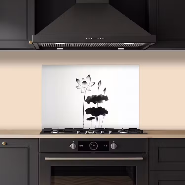 Spatscherm keuken - Bladeren - Zwart - Lotusbloem - Minimalitisch — 2