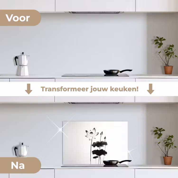 Spatscherm keuken - Bladeren - Zwart - Lotusbloem - Minimalitisch — 3