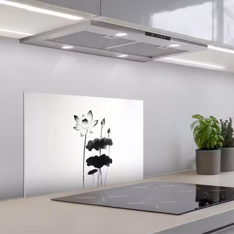 Spatscherm keuken - Bladeren - Zwart - Lotusbloem - Minimalitisch — 5
