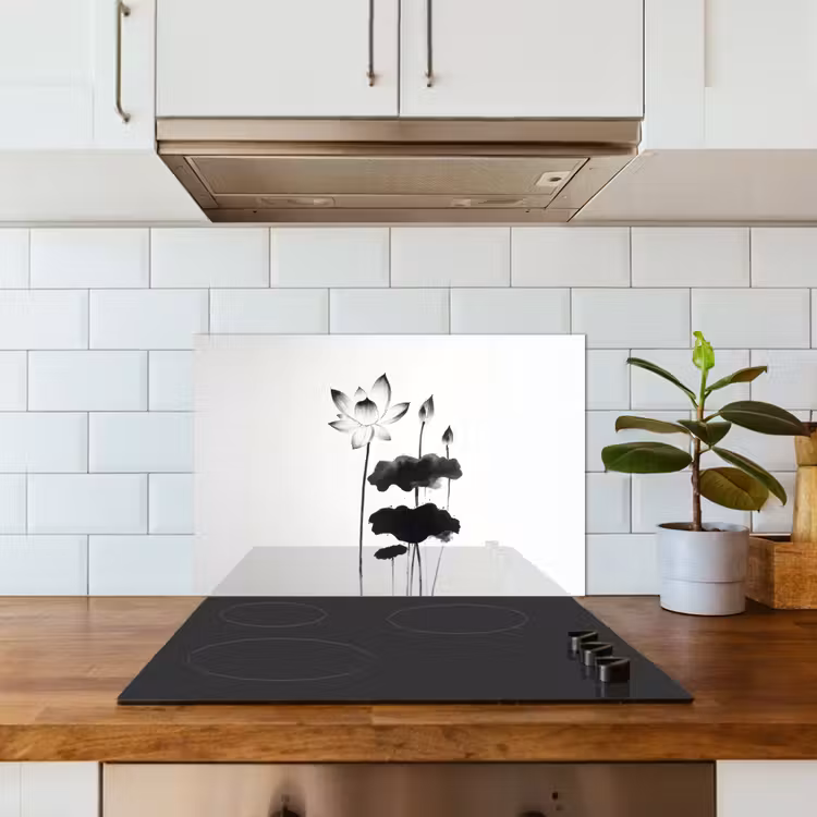 Spatscherm keuken - Bladeren - Zwart - Lotusbloem - Minimalitisch — 6