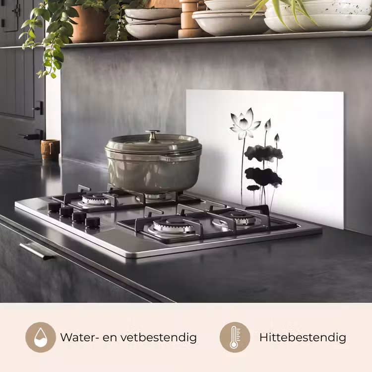 Spatscherm keuken - Bladeren - Zwart - Lotusbloem - Minimalitisch — 7