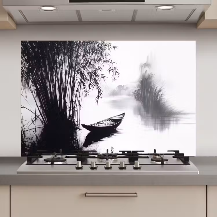 Spatscherm keuken - Boot - Rivier - Bamboe - Wit — 1