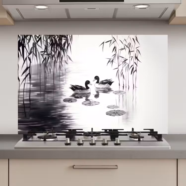 Spatscherm keuken - Eenden - Waterlelies - Riet - Zwart — 1