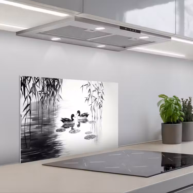 Spatscherm keuken - Eenden - Waterlelies - Riet - Zwart — 5