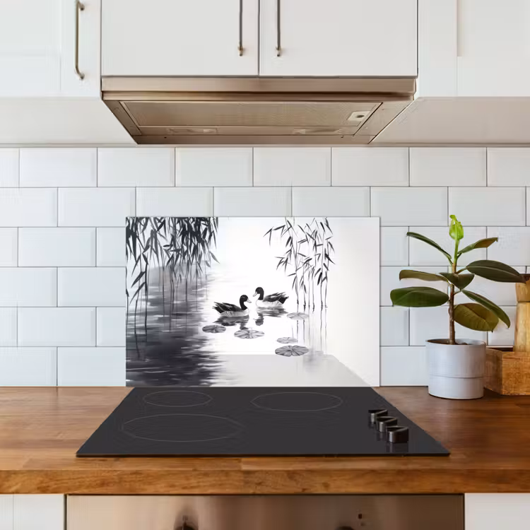 Spatscherm keuken - Eenden - Waterlelies - Riet - Zwart — 6