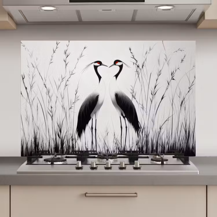 Spatscherm keuken - Kraanvogels - Gras - Hartvorm - Zwart — 1
