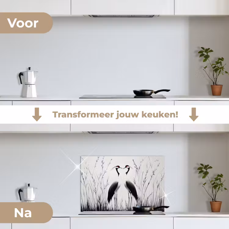Spatscherm keuken - Kraanvogels - Gras - Hartvorm - Zwart — 3