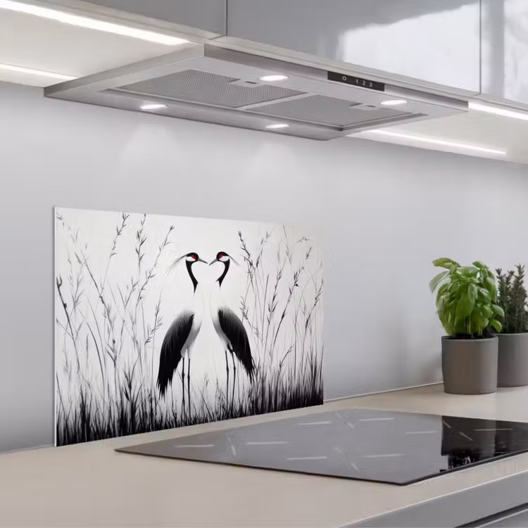 Spatscherm keuken - Kraanvogels - Gras - Hartvorm - Zwart — 5