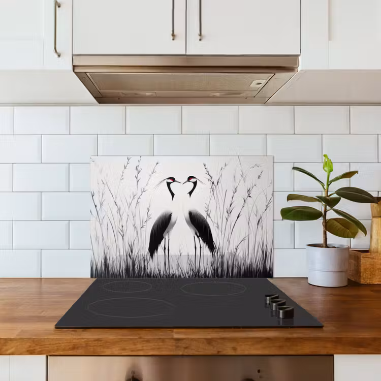 Spatscherm keuken - Kraanvogels - Gras - Hartvorm - Zwart — 6