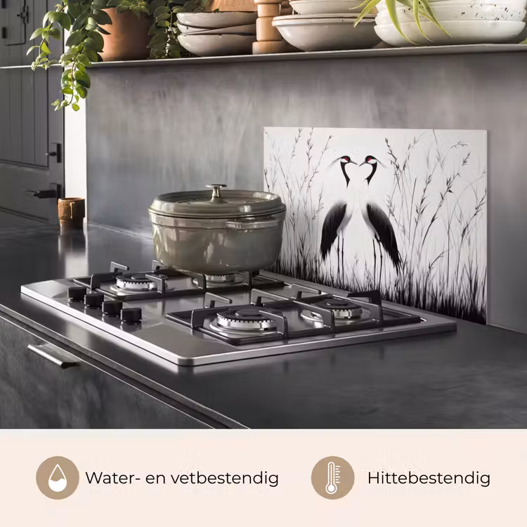 Spatscherm keuken - Kraanvogels - Gras - Hartvorm - Zwart — 7