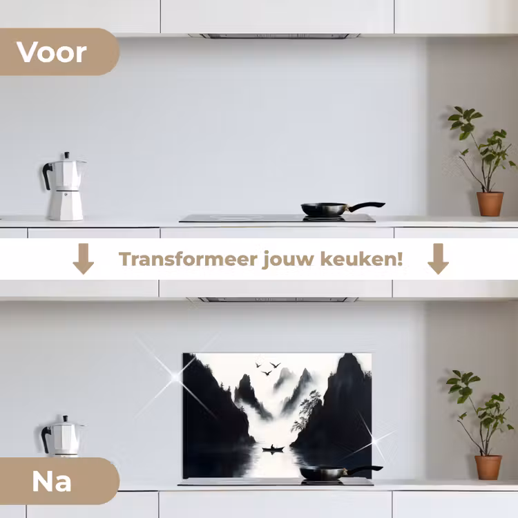 Spatscherm keuken - Roeiboot - Mistig - Bergen - Vogels — 3