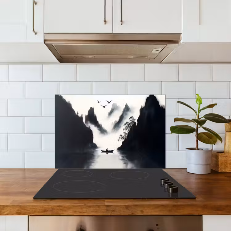 Spatscherm keuken - Roeiboot - Mistig - Bergen - Vogels — 6
