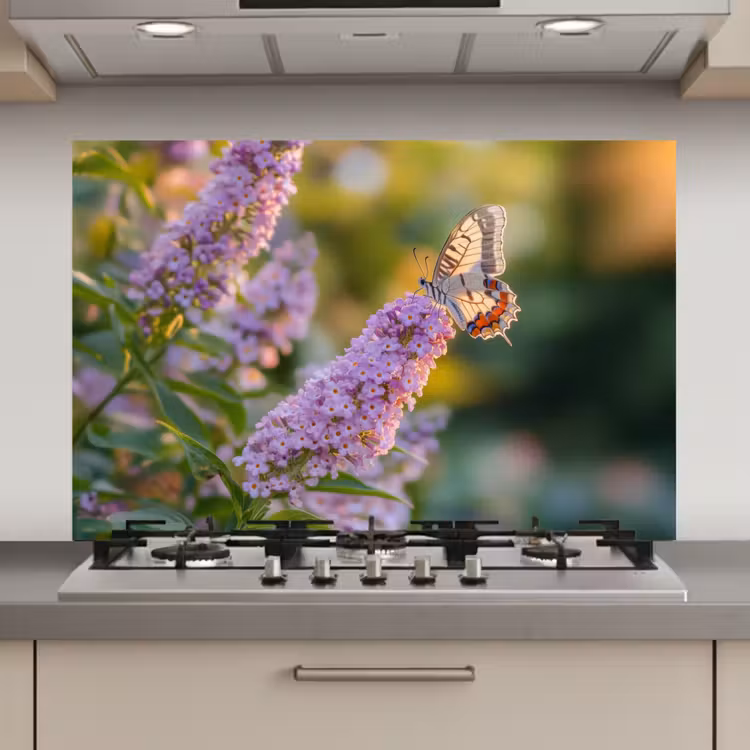 Spatscherm keuken - Sierlijke - Vlinder - Paarse - Bloemen — 1