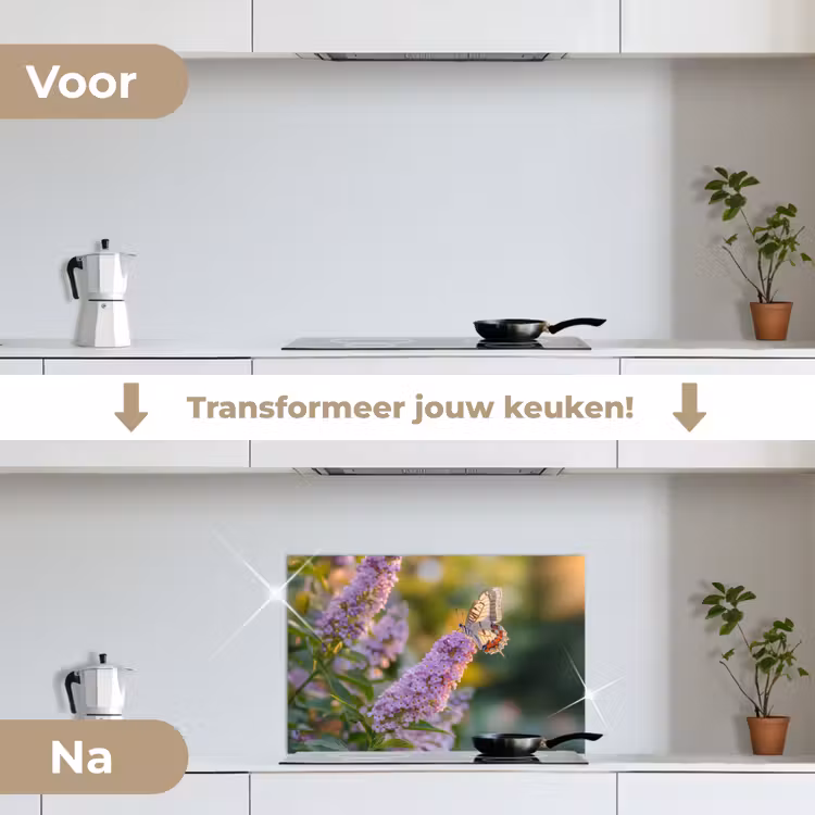 Spatscherm keuken - Sierlijke - Vlinder - Paarse - Bloemen — 3