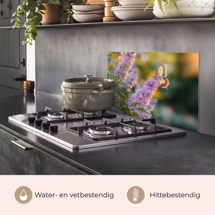 Spatscherm keuken - Sierlijke - Vlinder - Paarse - Bloemen — 7