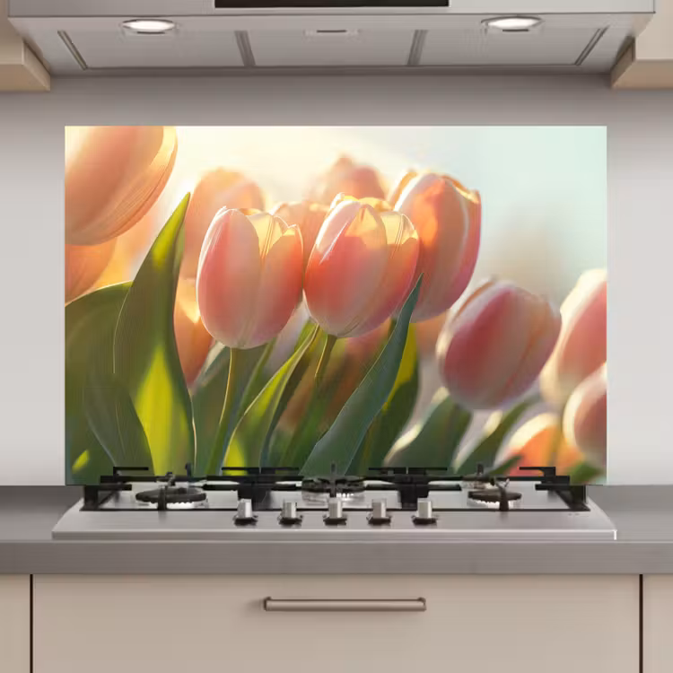 Spatscherm keuken - Tulpen - Roze - Zonnestralen — 1