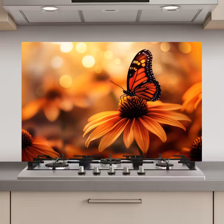 Spatscherm keuken - Vlinder - Bloemen - Oranje — 1