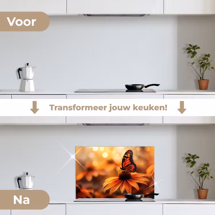 Spatscherm keuken - Vlinder - Bloemen - Oranje — 3