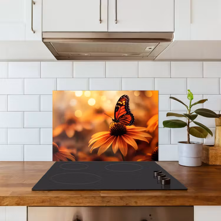 Spatscherm keuken - Vlinder - Bloemen - Oranje — 6
