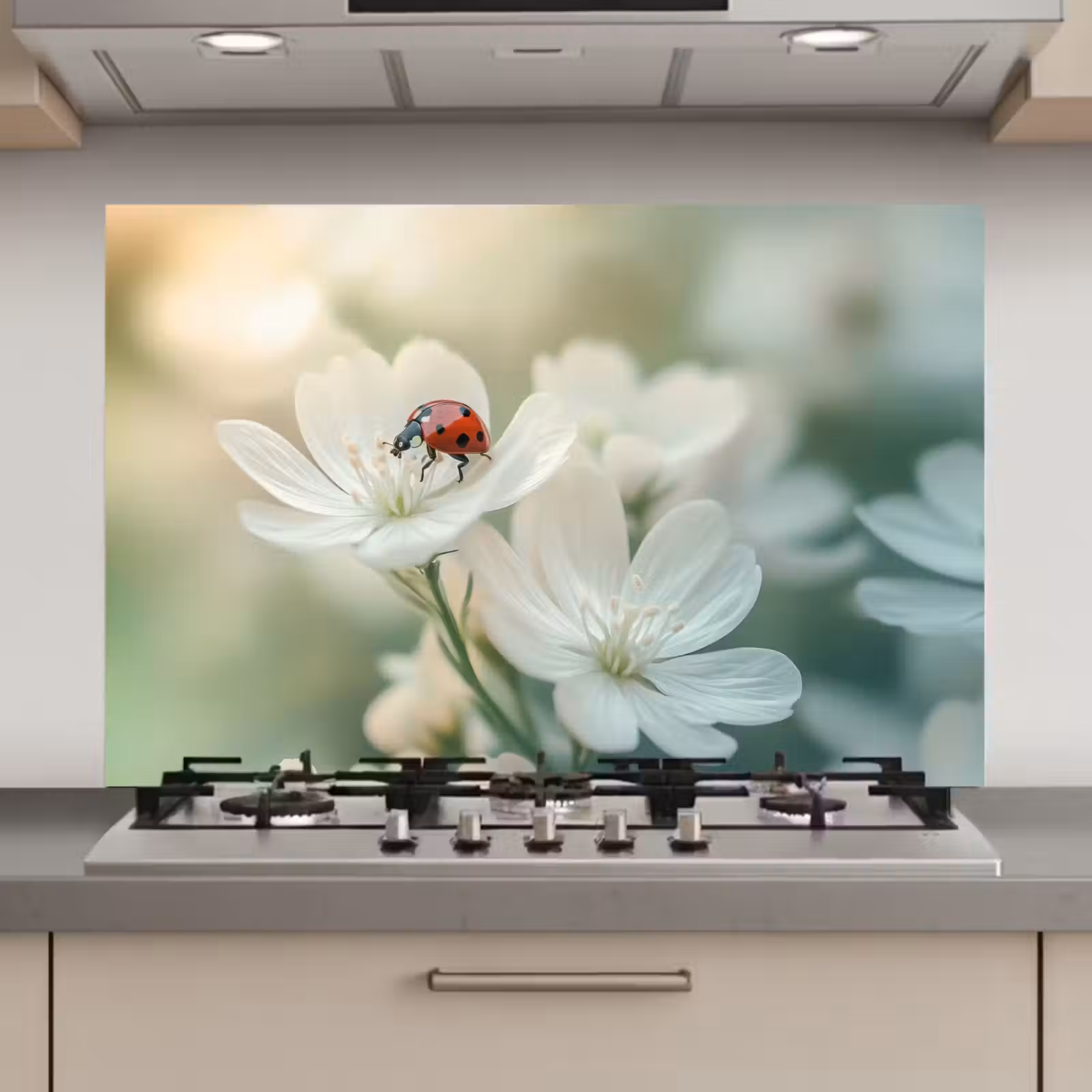 Spatscherm keuken - Lieveheersbeestje - Bloemen - Wit — 1