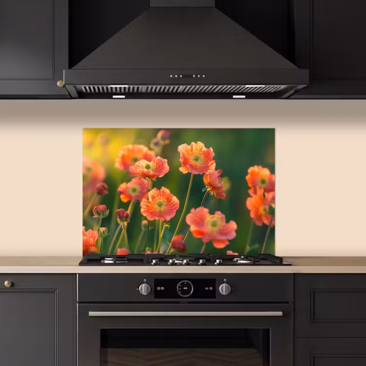 Spatscherm keuken - Bloemenveld - Zonnestralen - Oranje — 2