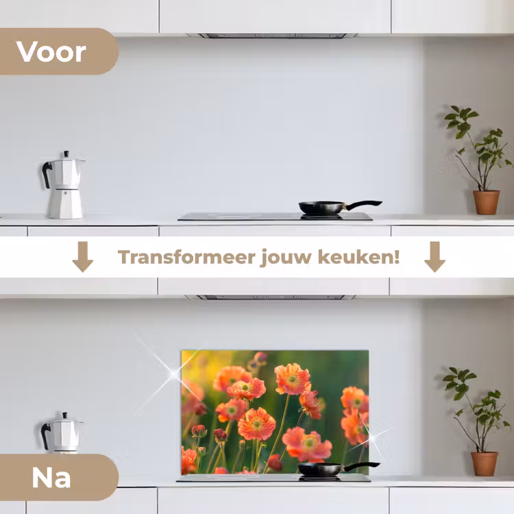 Spatscherm keuken - Bloemenveld - Zonnestralen - Oranje — 3