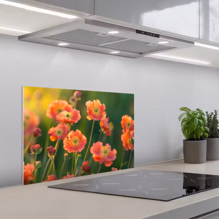 Spatscherm keuken - Bloemenveld - Zonnestralen - Oranje — 5