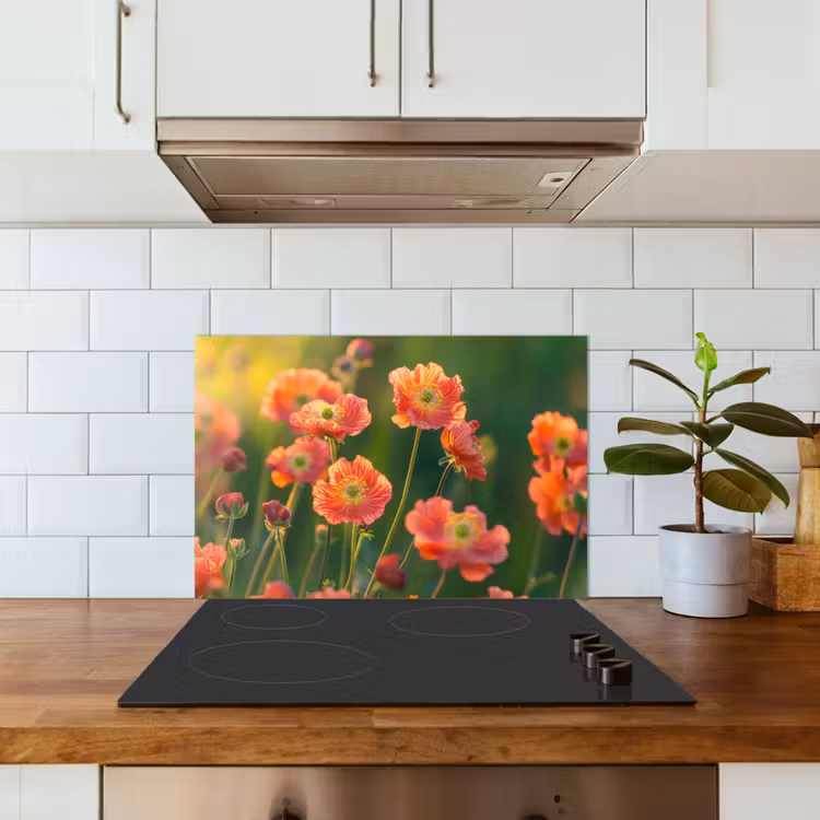 Spatscherm keuken - Bloemenveld - Zonnestralen - Oranje — 6
