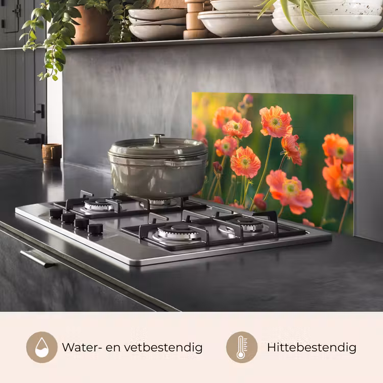 Spatscherm keuken - Bloemenveld - Zonnestralen - Oranje — 7