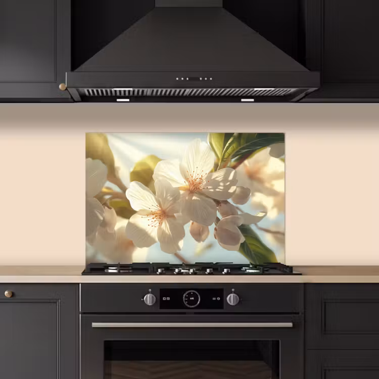 Spatscherm keuken - Bloesems - Wit - Zonnestralen - Bloemblaadjes — 2