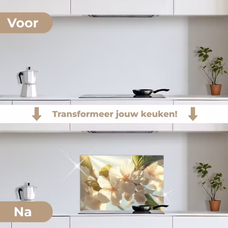 Spatscherm keuken - Bloesems - Wit - Zonnestralen - Bloemblaadjes — 3