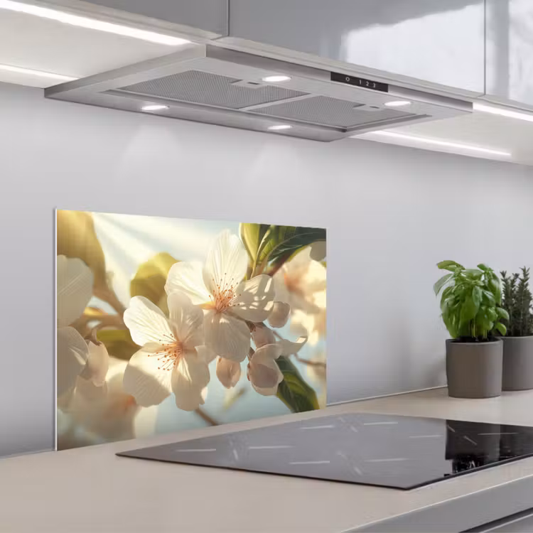 Spatscherm keuken - Bloesems - Wit - Zonnestralen - Bloemblaadjes — 5