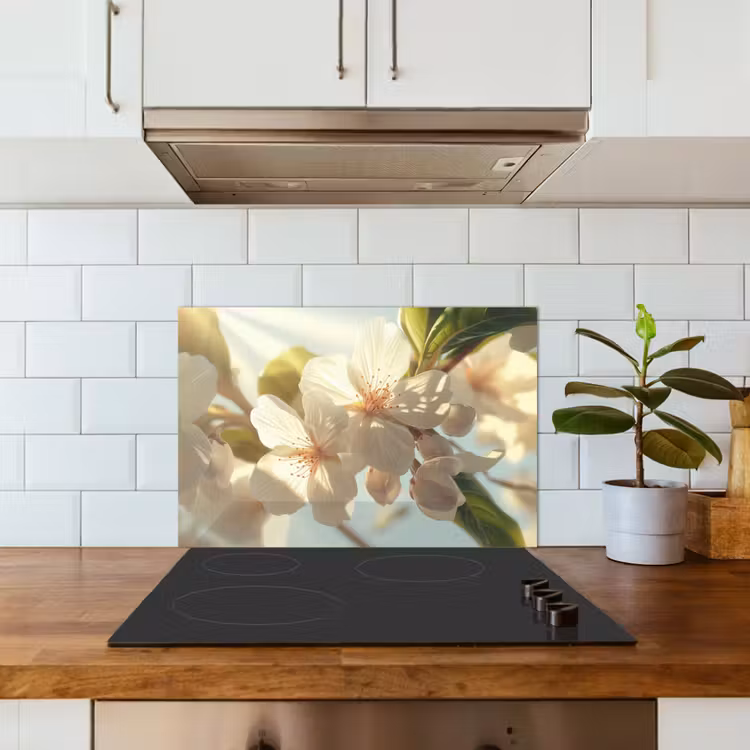 Spatscherm keuken - Bloesems - Wit - Zonnestralen - Bloemblaadjes — 6