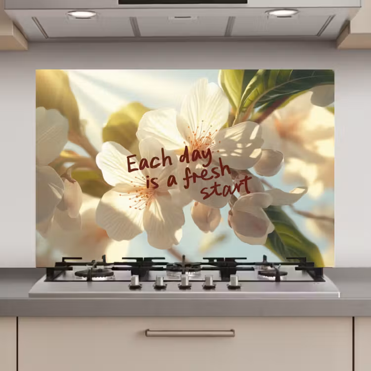 Spatscherm keuken - Bloesems - Zonlicht - Quote - Wit — 1