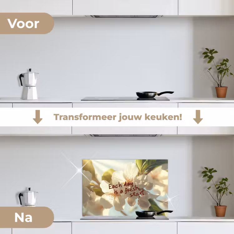 Spatscherm keuken - Bloesems - Zonlicht - Quote - Wit — 3