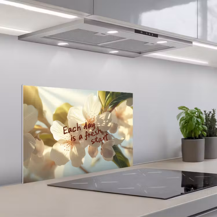 Spatscherm keuken - Bloesems - Zonlicht - Quote - Wit — 5