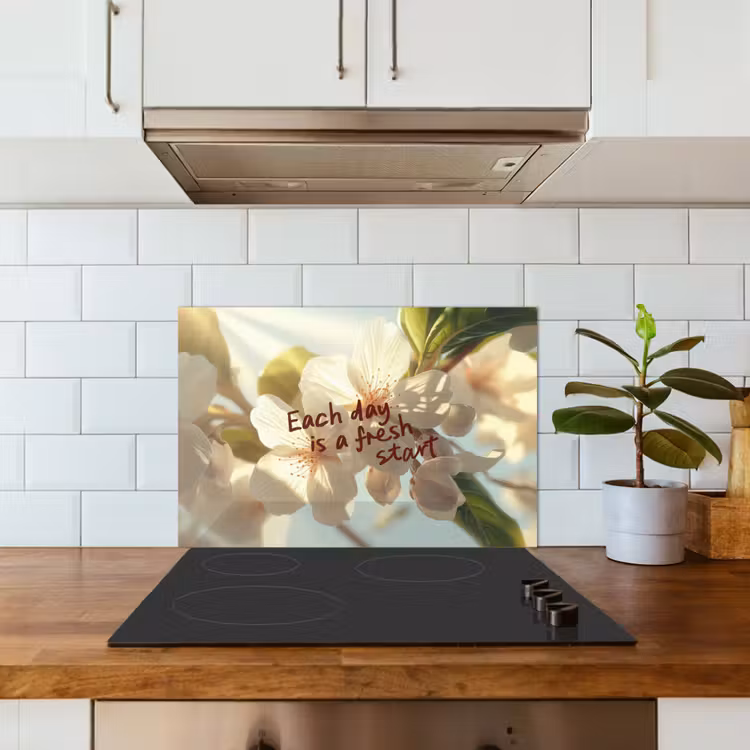 Spatscherm keuken - Bloesems - Zonlicht - Quote - Wit — 6